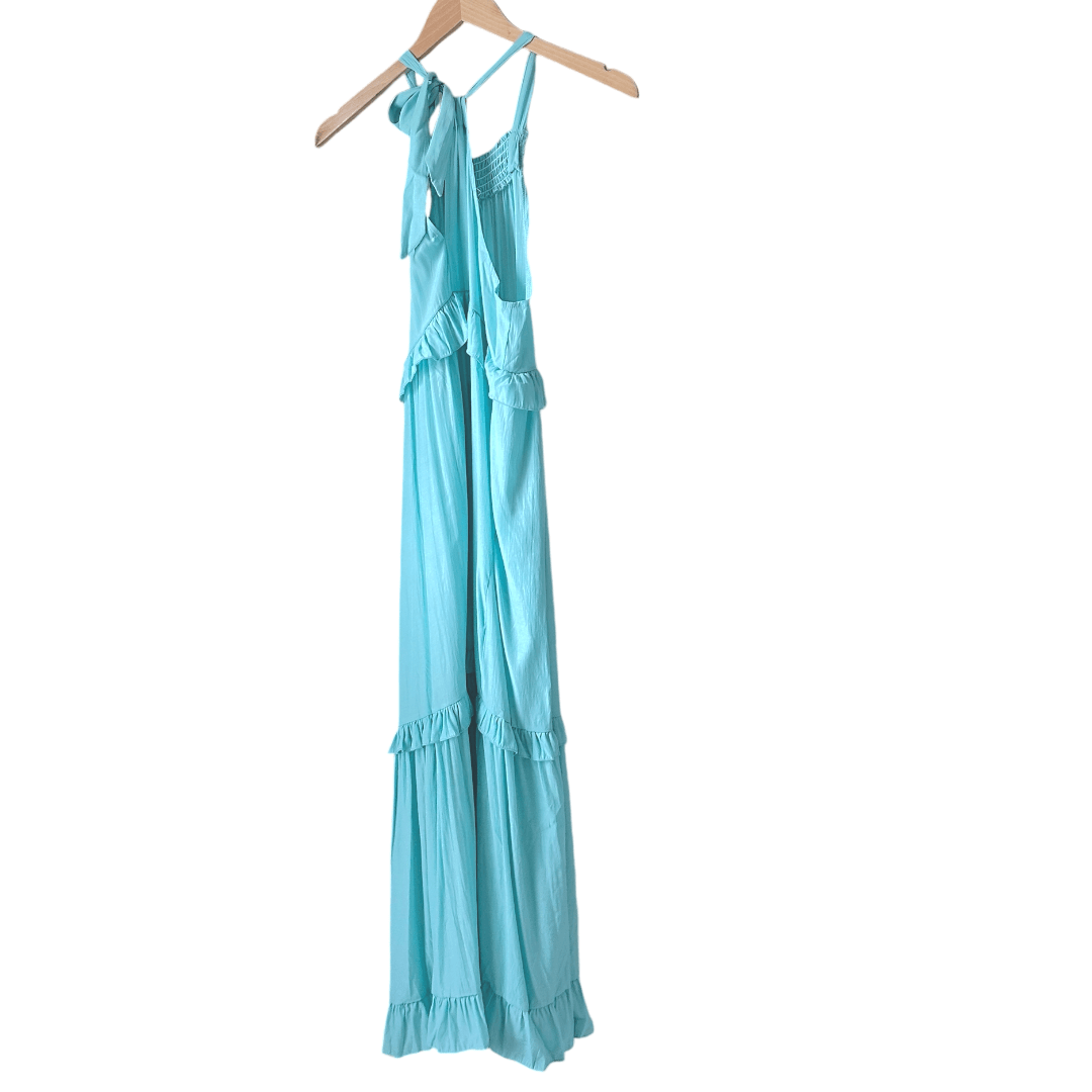 Cool Summer azura blue tie-back ruffle maxi sundress