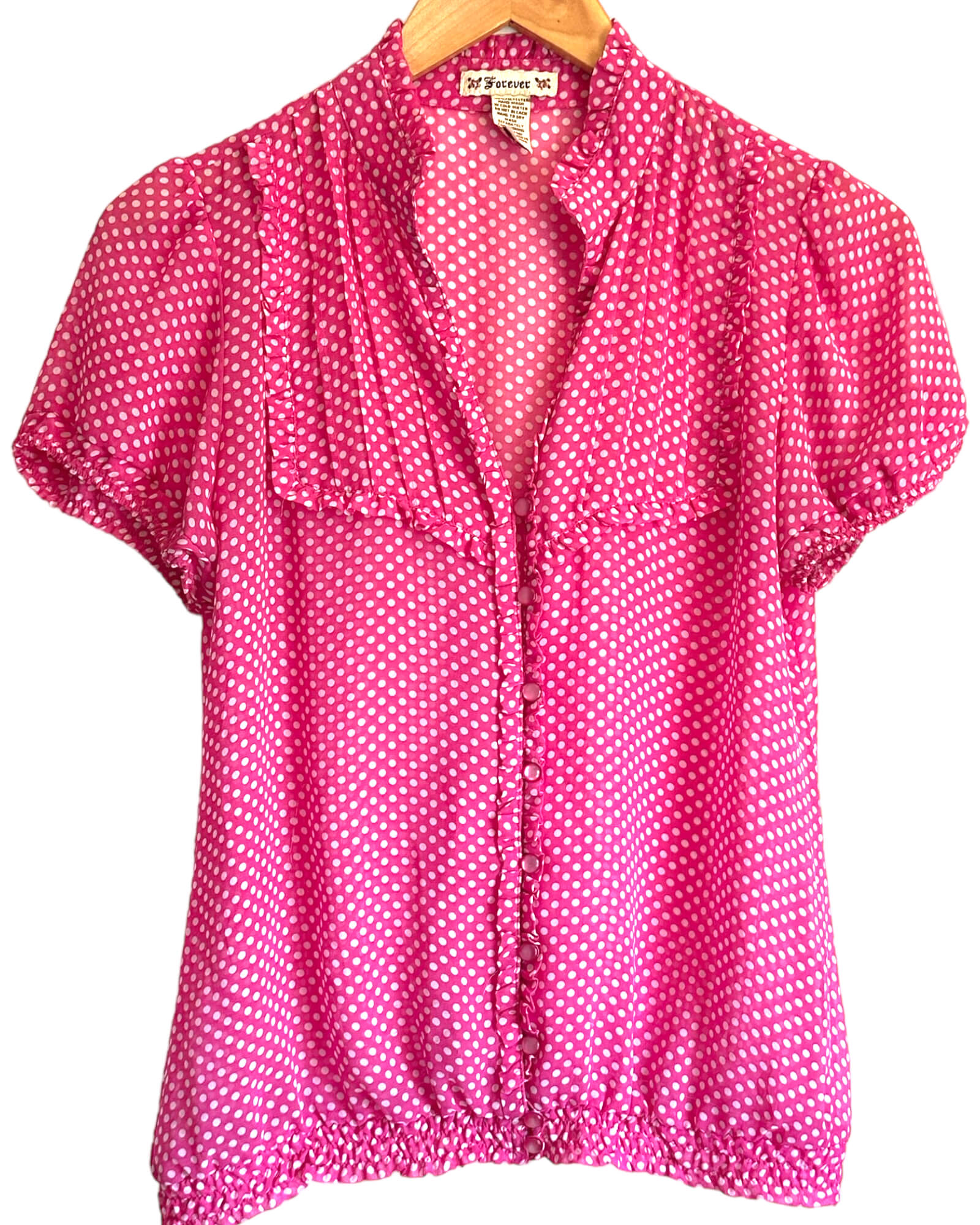 Cool Summer FOREVER pink dot print pleated ruffle top