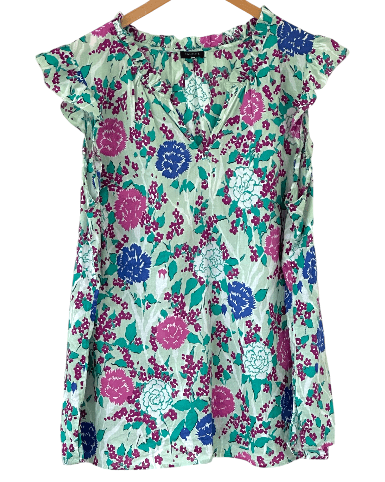 Cool Summer TALBOTS garden print sleeveless split-neck top