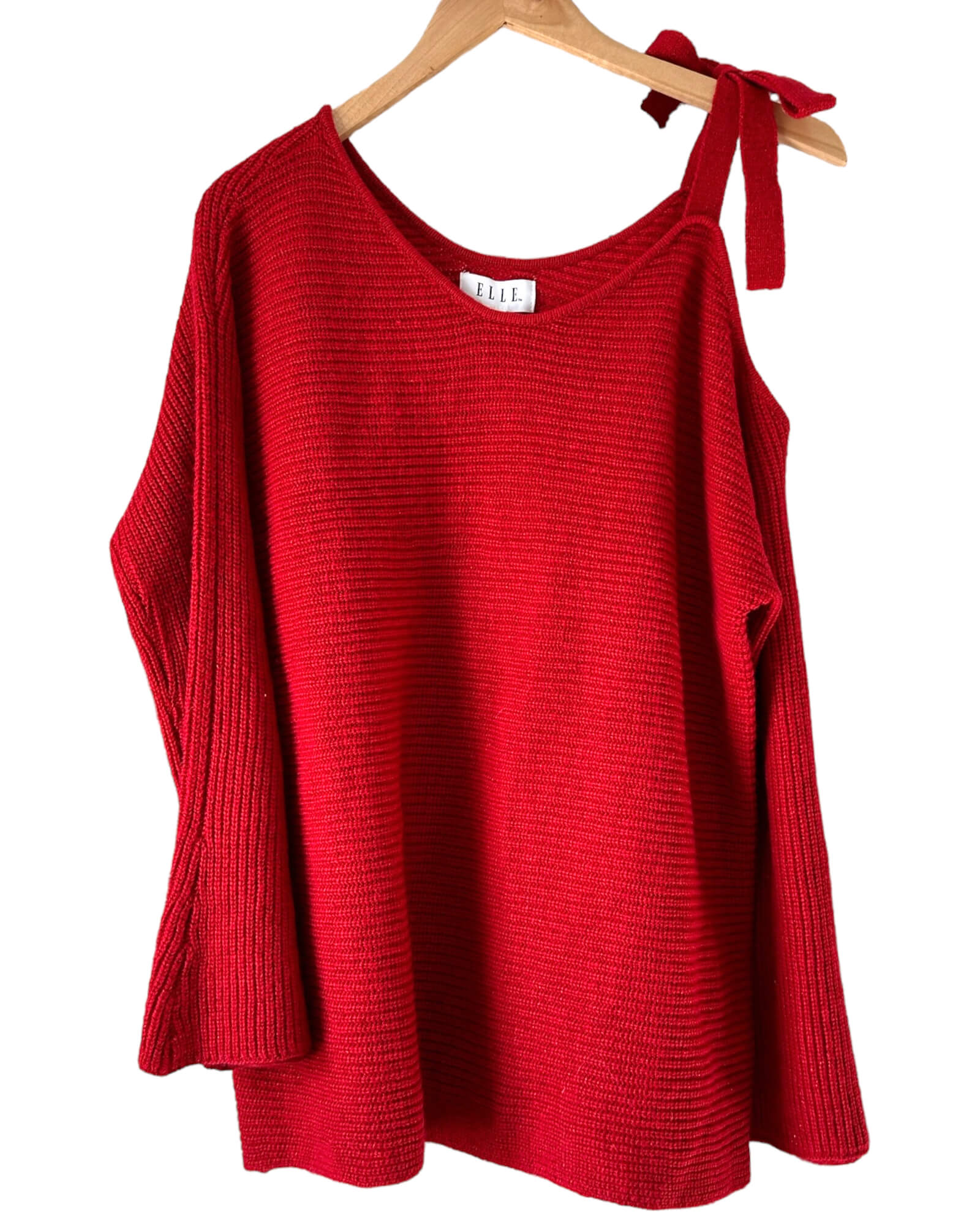 Cool Winter ELLE cherry red metallic off-shoulder sweater