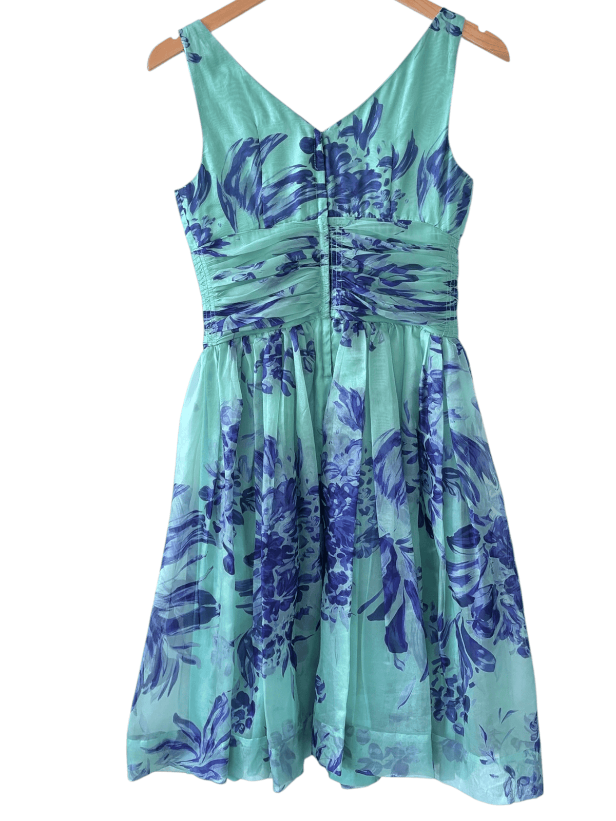 Cool Winter ELEVENSES for ANTHROPOLGIE floral ruched double-v sleeveless silk organza dress