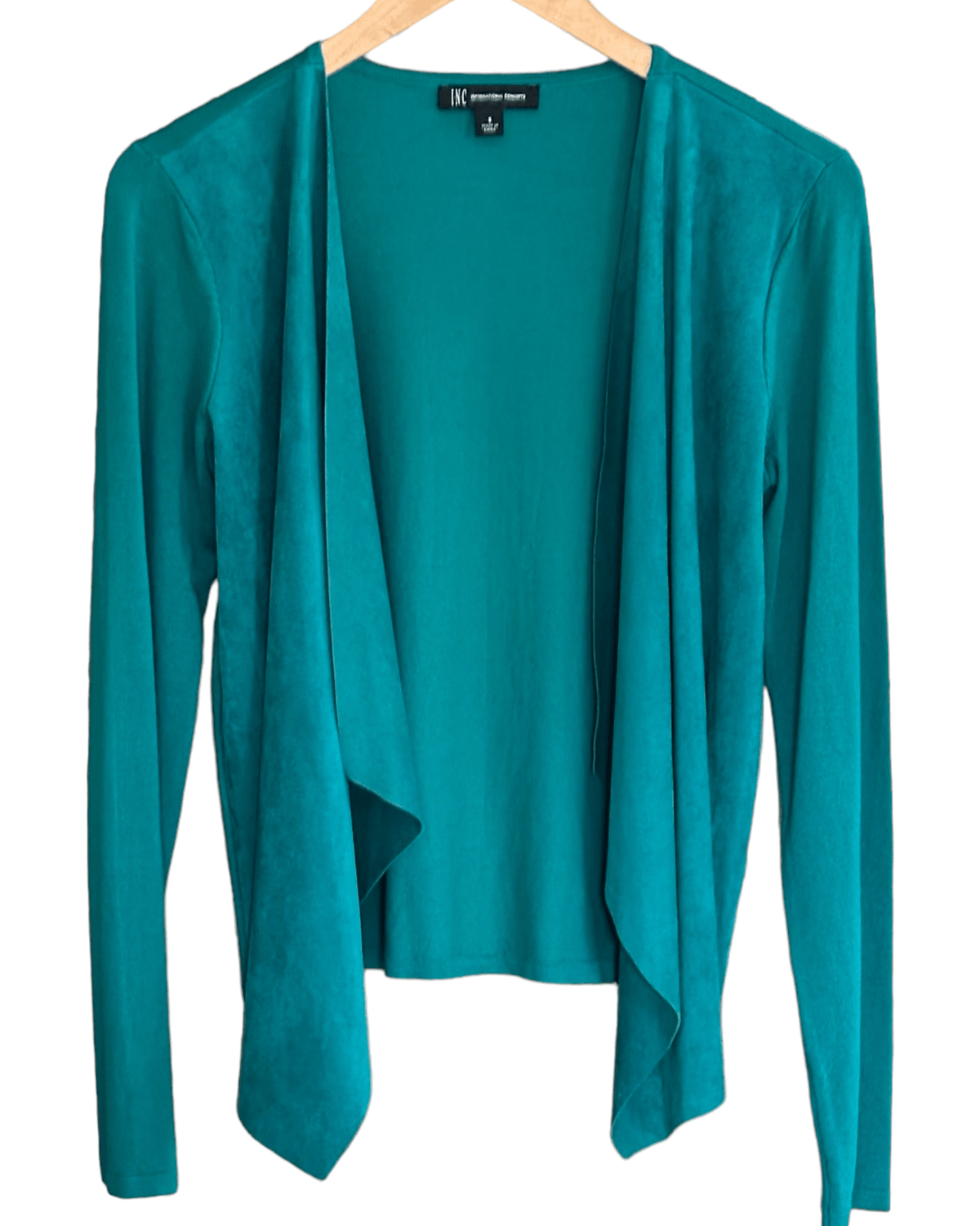 Cool Winter I.N.C. peacock green draped open moleskin cardigan sweater