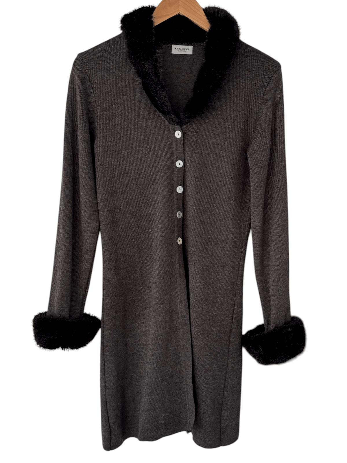 Cool Winter KING KONG charcoal faux fur trim wool knit cardigan sweater