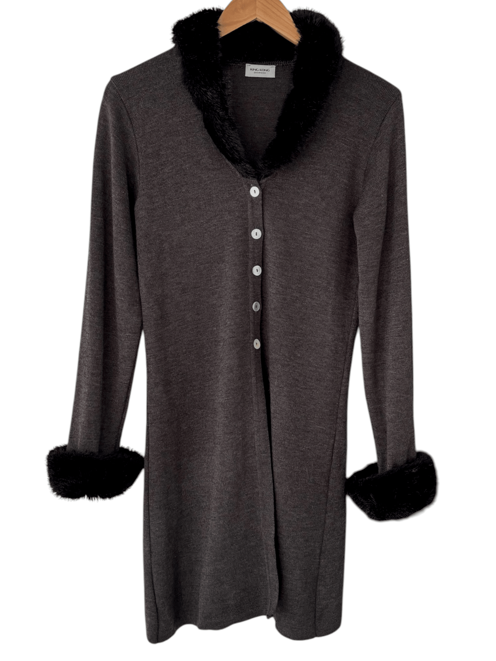 Cool Winter KING KONG charcoal faux fur trim wool knit cardigan sweater