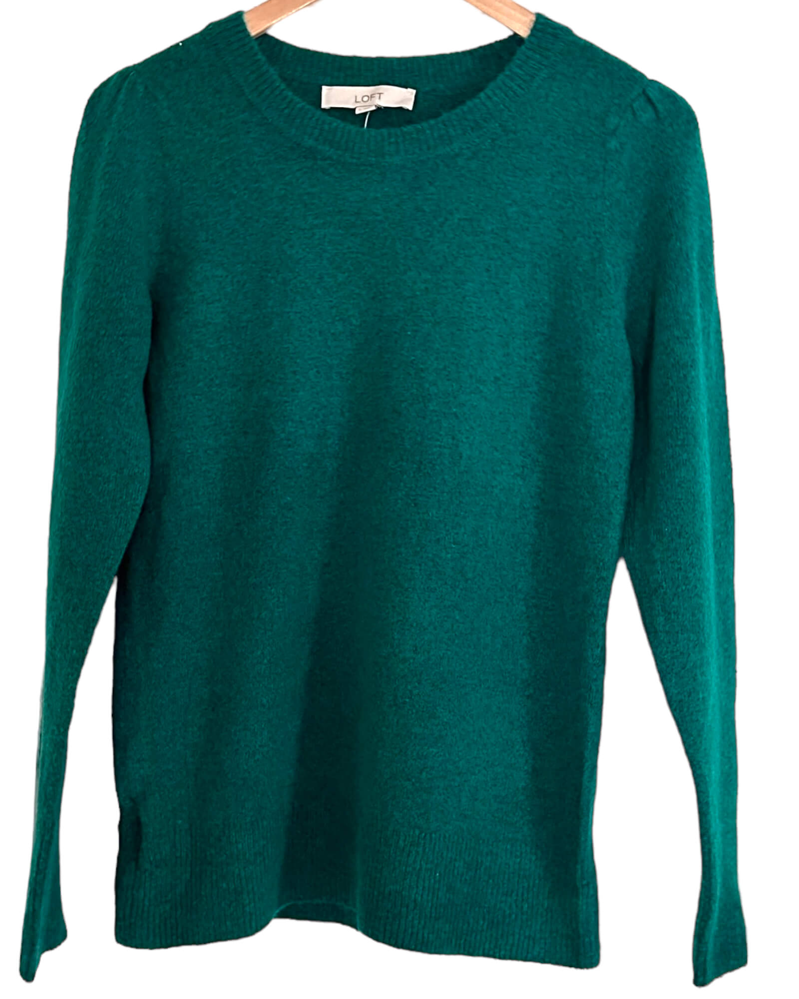 Cool Winter LOFT greenstone green puff sleeve crewneck sweater