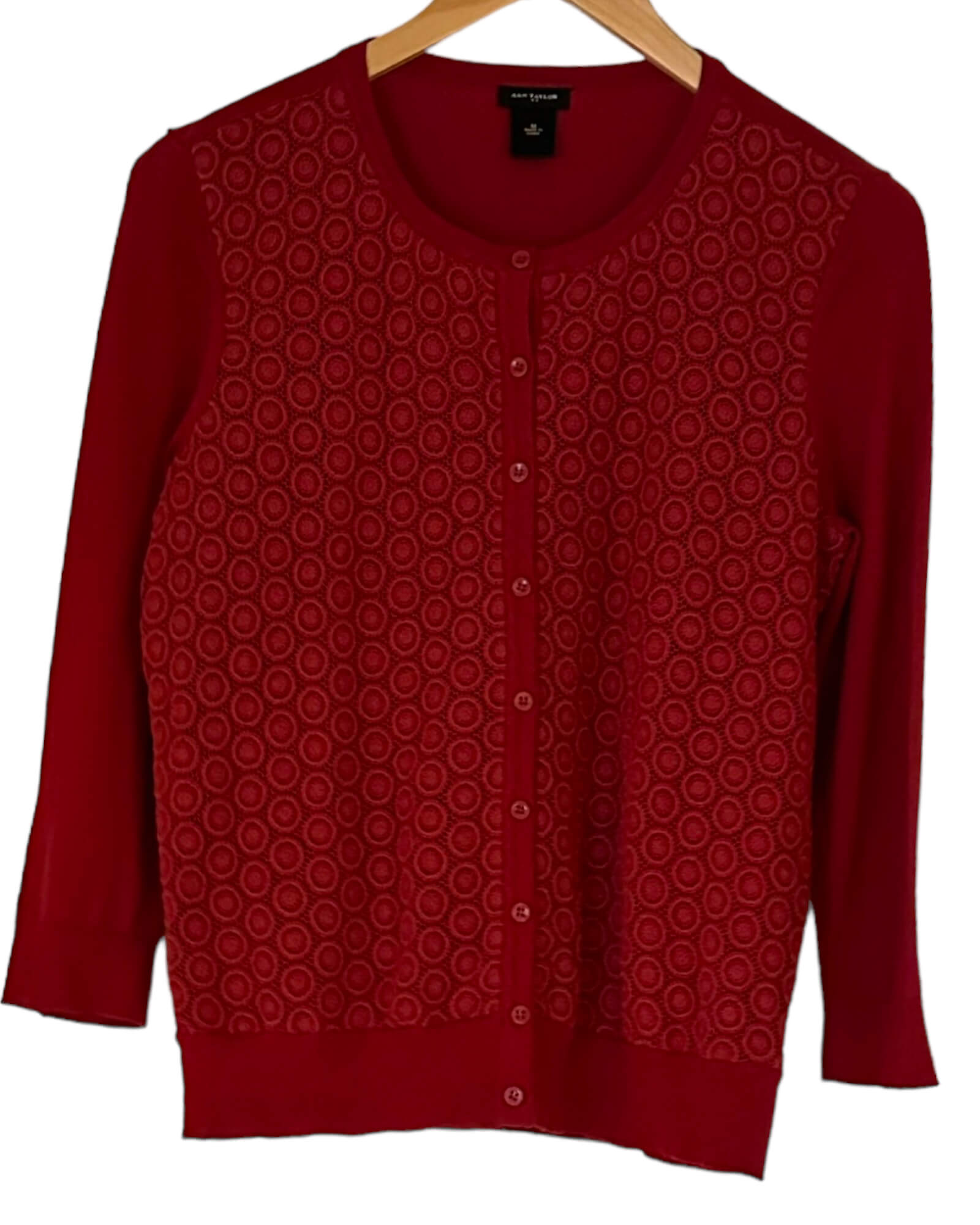 Dark Autumn ANN TAYLOR cranberry red crochet lace cardigan sweater