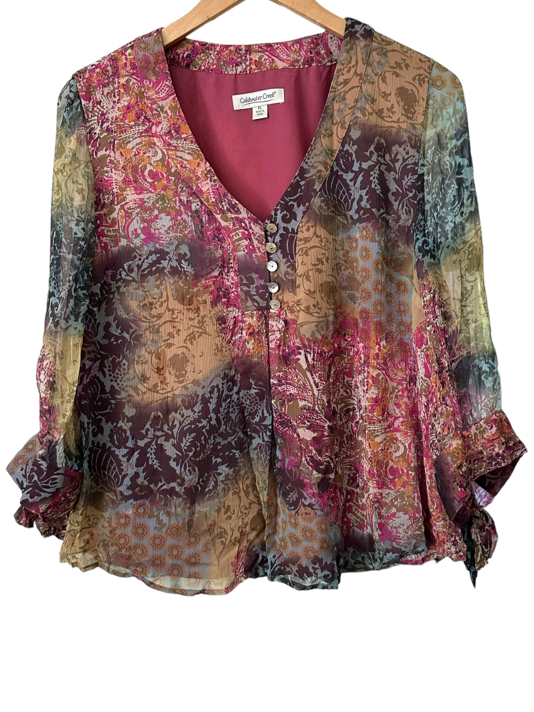 Coldwater Creek Fall Leaves Button Up V Neck Top