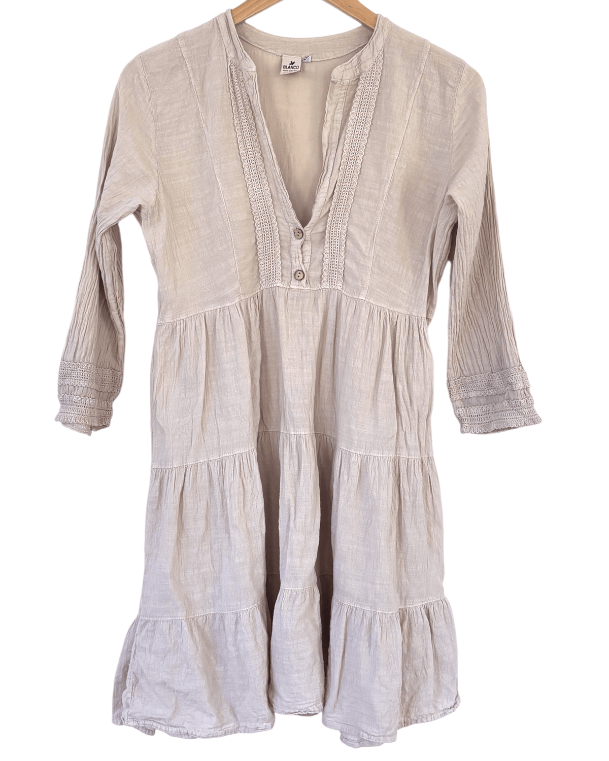 Dark Autumn BLANCO putty tiered crochet lace dress