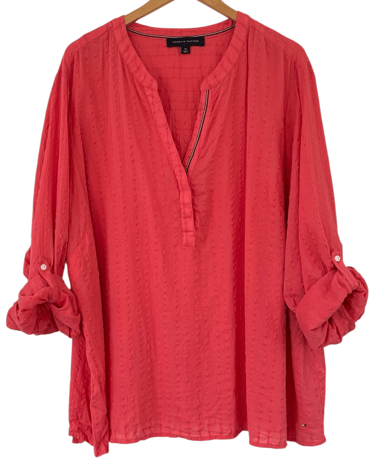 Dark Autumn TOMMY HILFIGER canyon coral crinkle-stripe split neck shirt