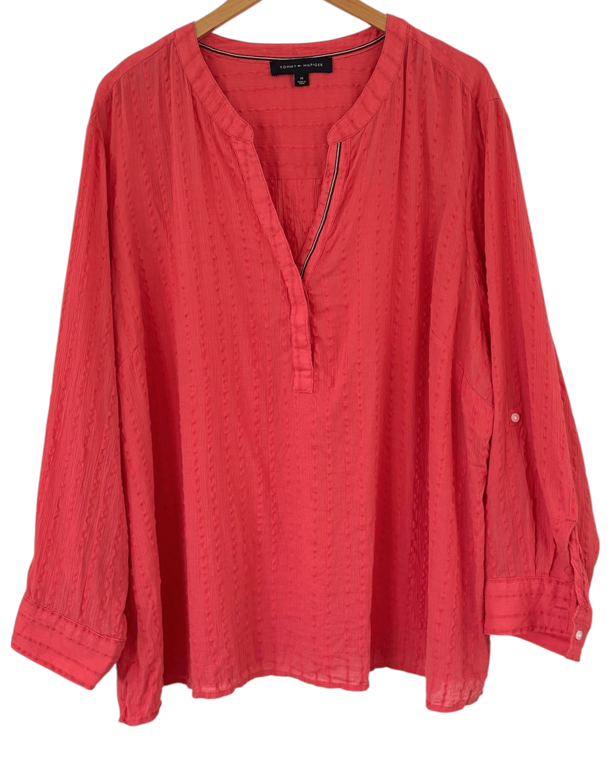 Dark Autumn TOMMY HILFIGER canon coral crinkle-stripe split neck shirt