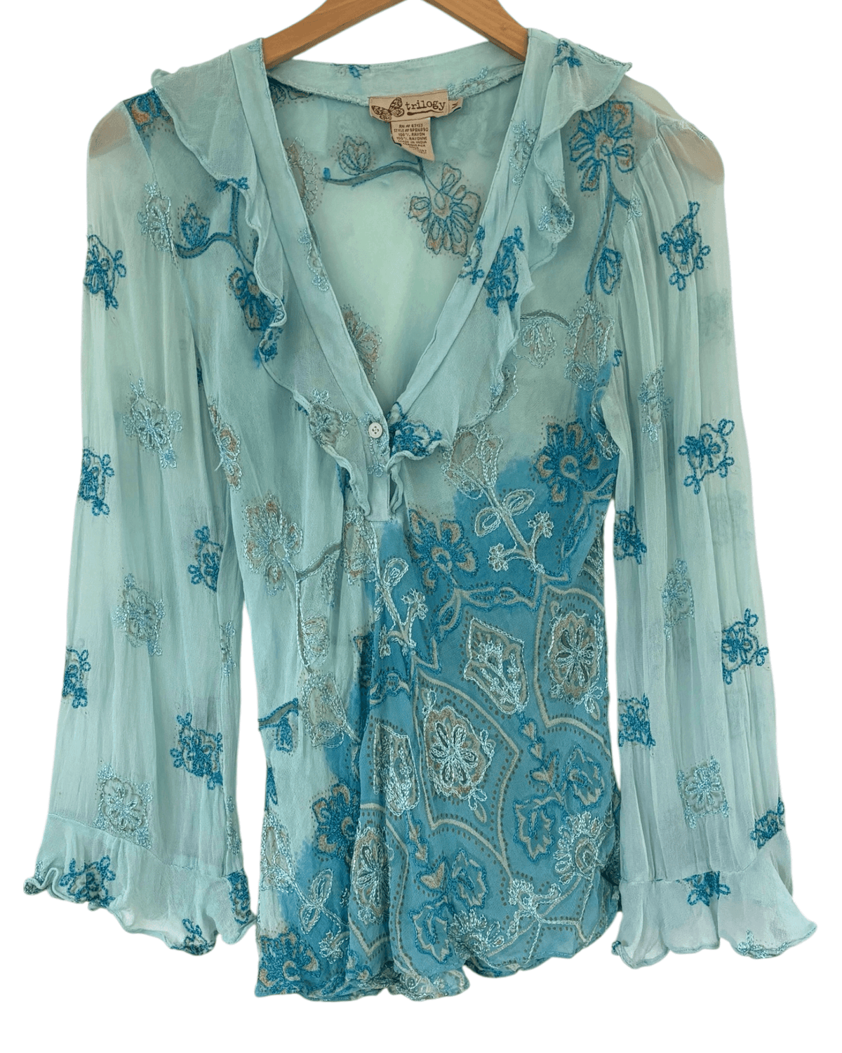 Dark Autumn TRILOGY floral embroidery sheer ruffle blouse