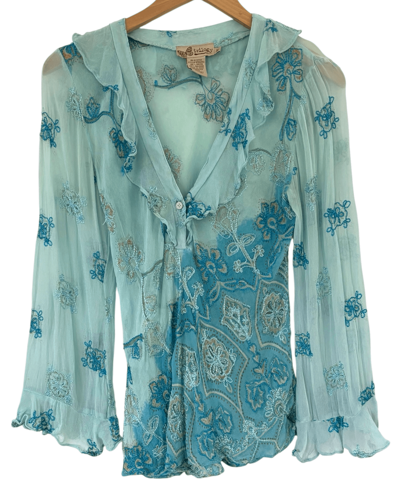 Dark Autumn TRILOGY floral embroidery sheer ruffle blouse