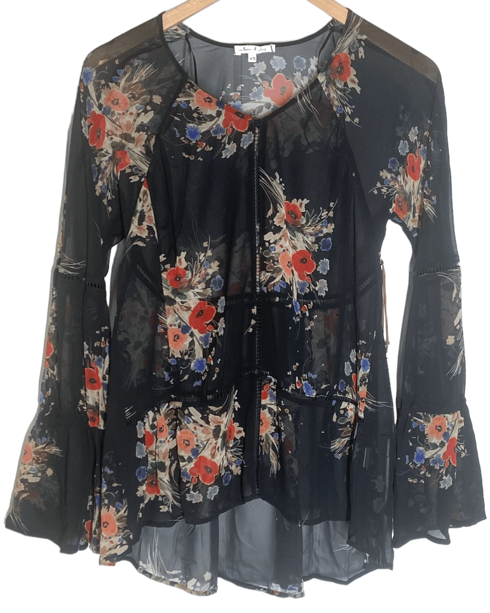 Dark Autumn WILLOW AND CLAY black and red floral print sheer blouse
