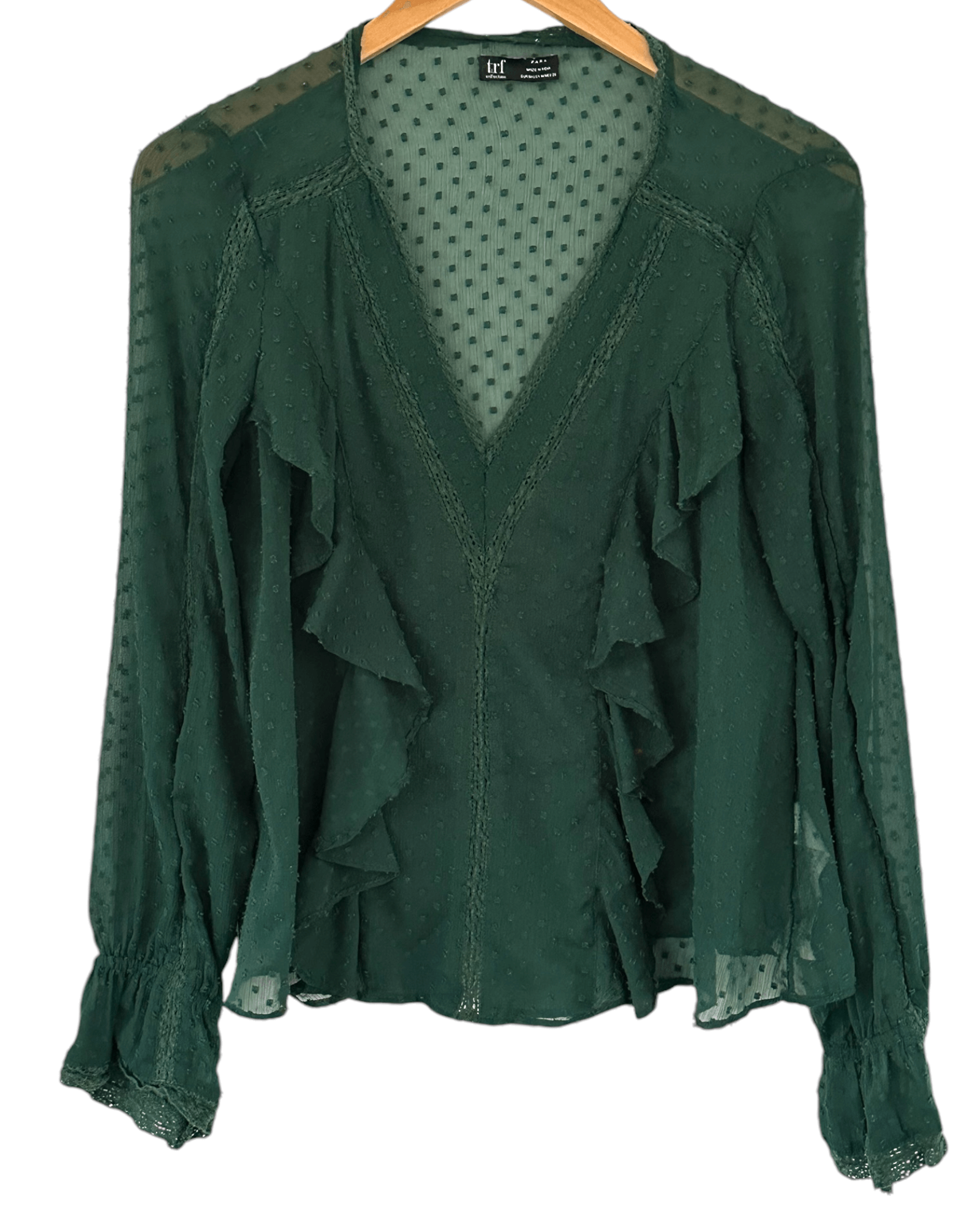 Dark Autumn ZARA pitch pine deep-v ruffle blouse