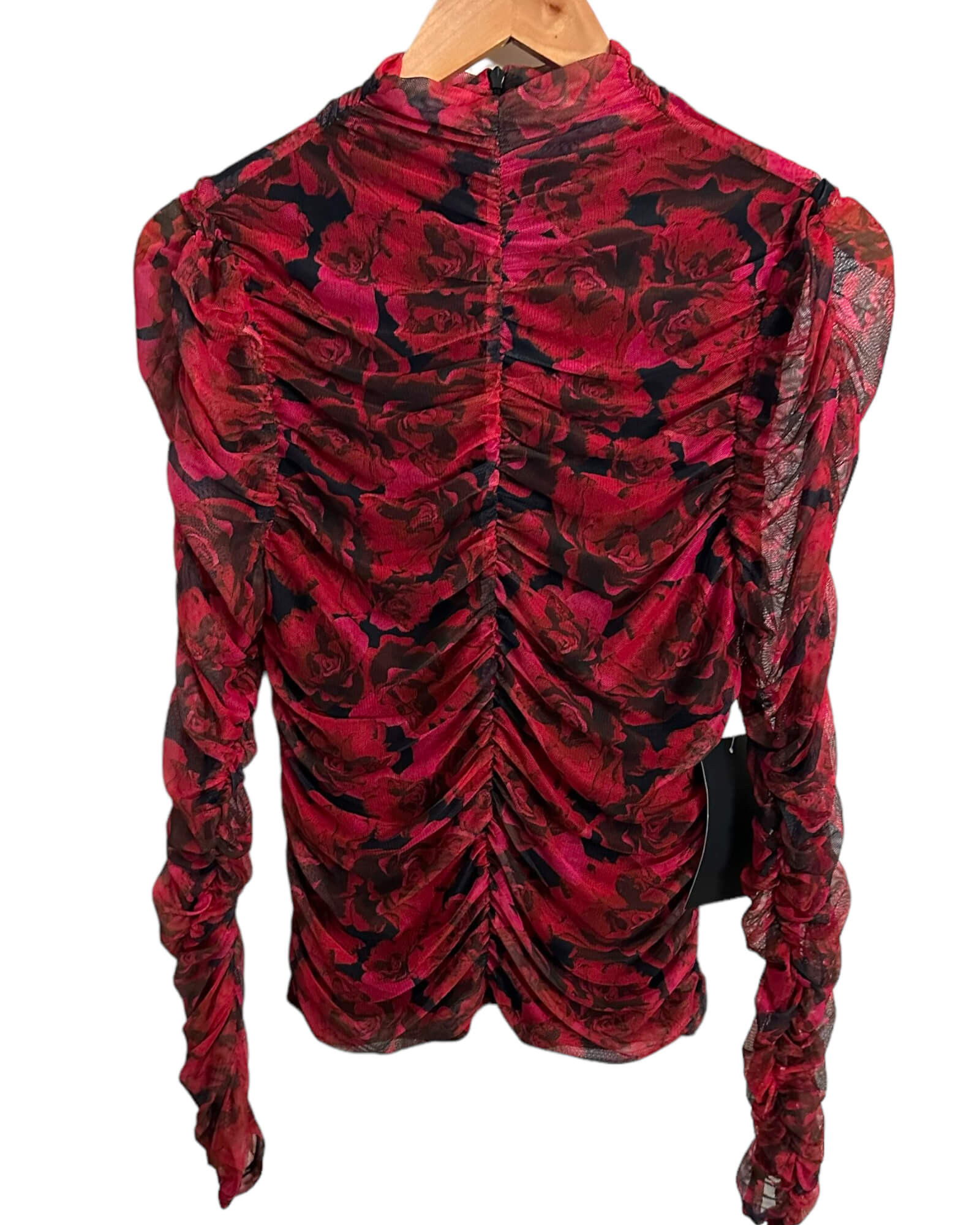 Dark Winter BAGATELLE COLLECTION rose print ruched mesh blouse