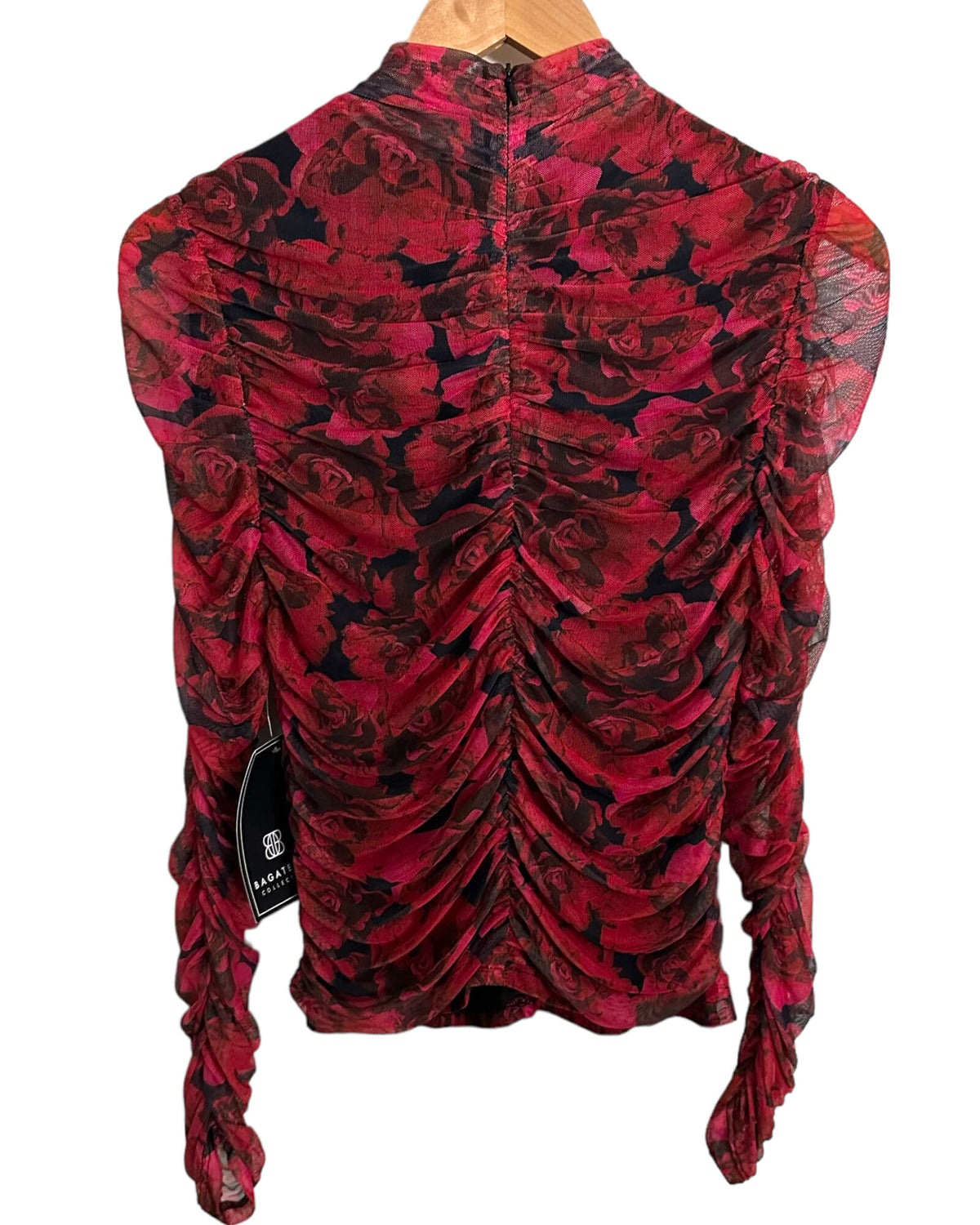 Dark Winter BAGATELLE floral print ruched mesh blouse