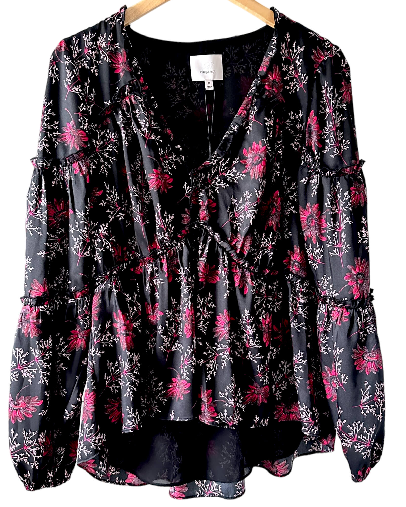 Pink & Black Ruffle Trim Long Sleeve Blouse | Size XSmall