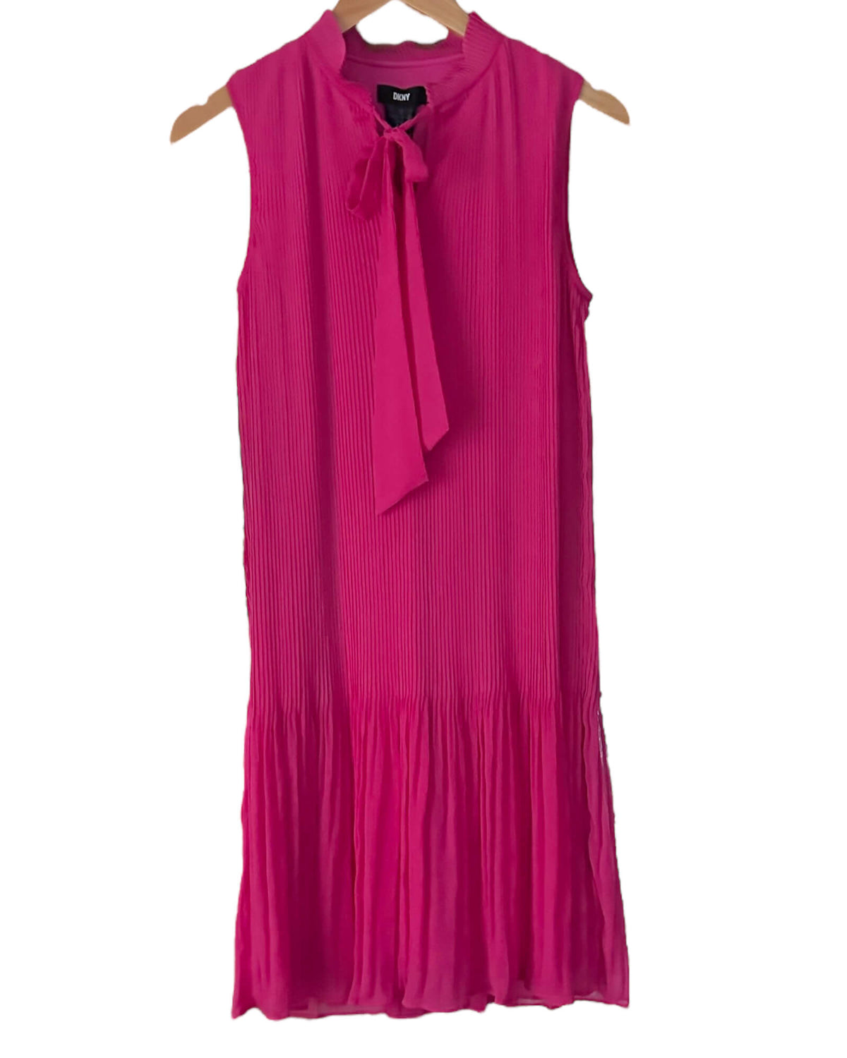 Dark Winter DKNY electric pink sleeveless tie-neck pleated dress