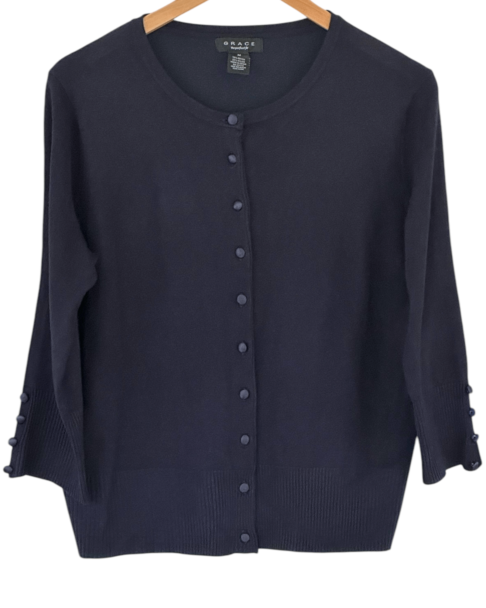 Dark Winter GRACE stratus blue satin button cardigan sweater