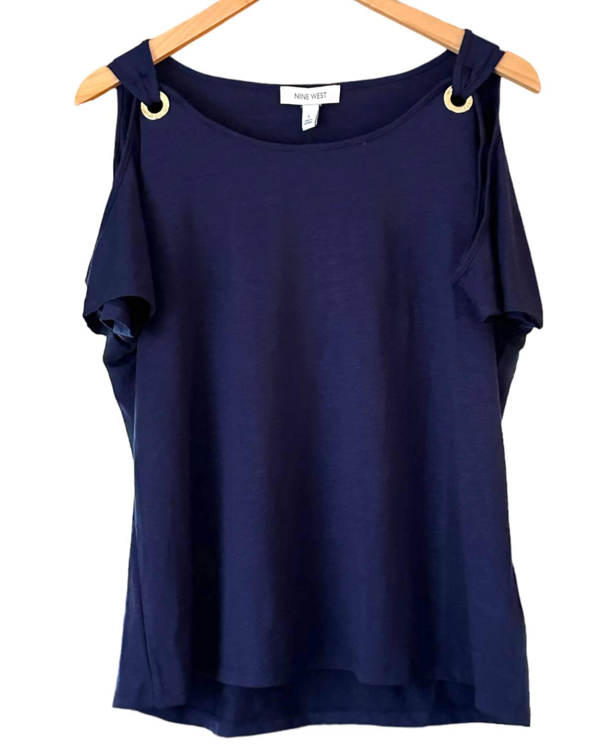 Dark Winter NINE WEST navy blue cold shoulder grommet tee