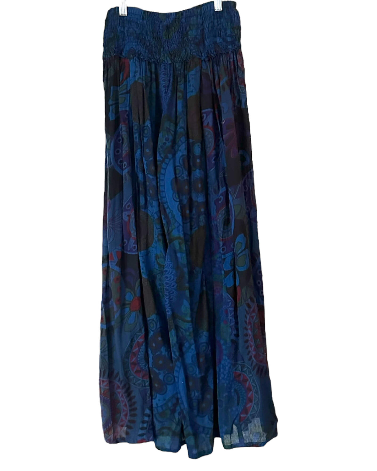 Dark Winter SACRED THREADS print wide leg smoked waist pants