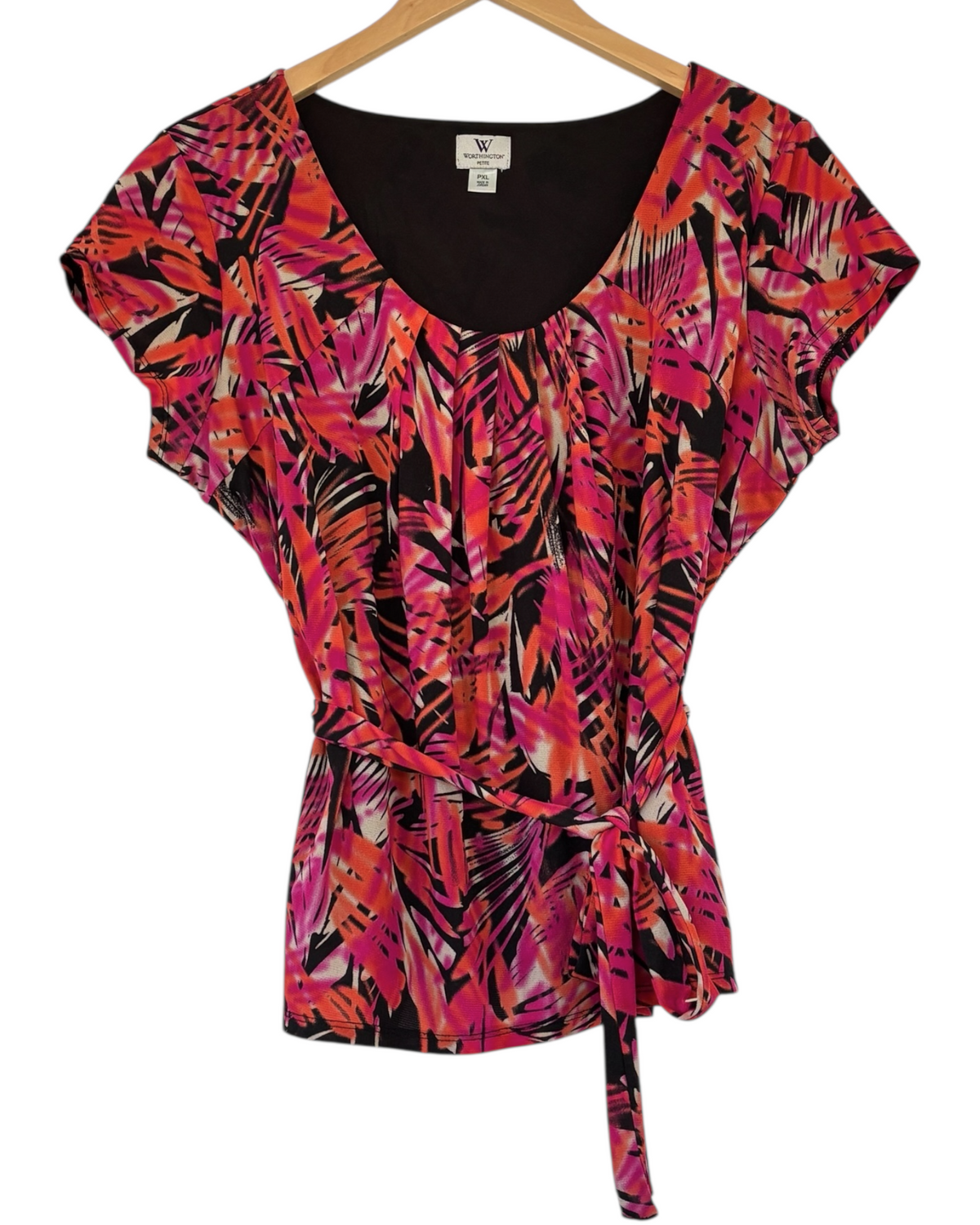 Dark Winter WORTHINGTON frond print cap sleeve scoop-neck blouse