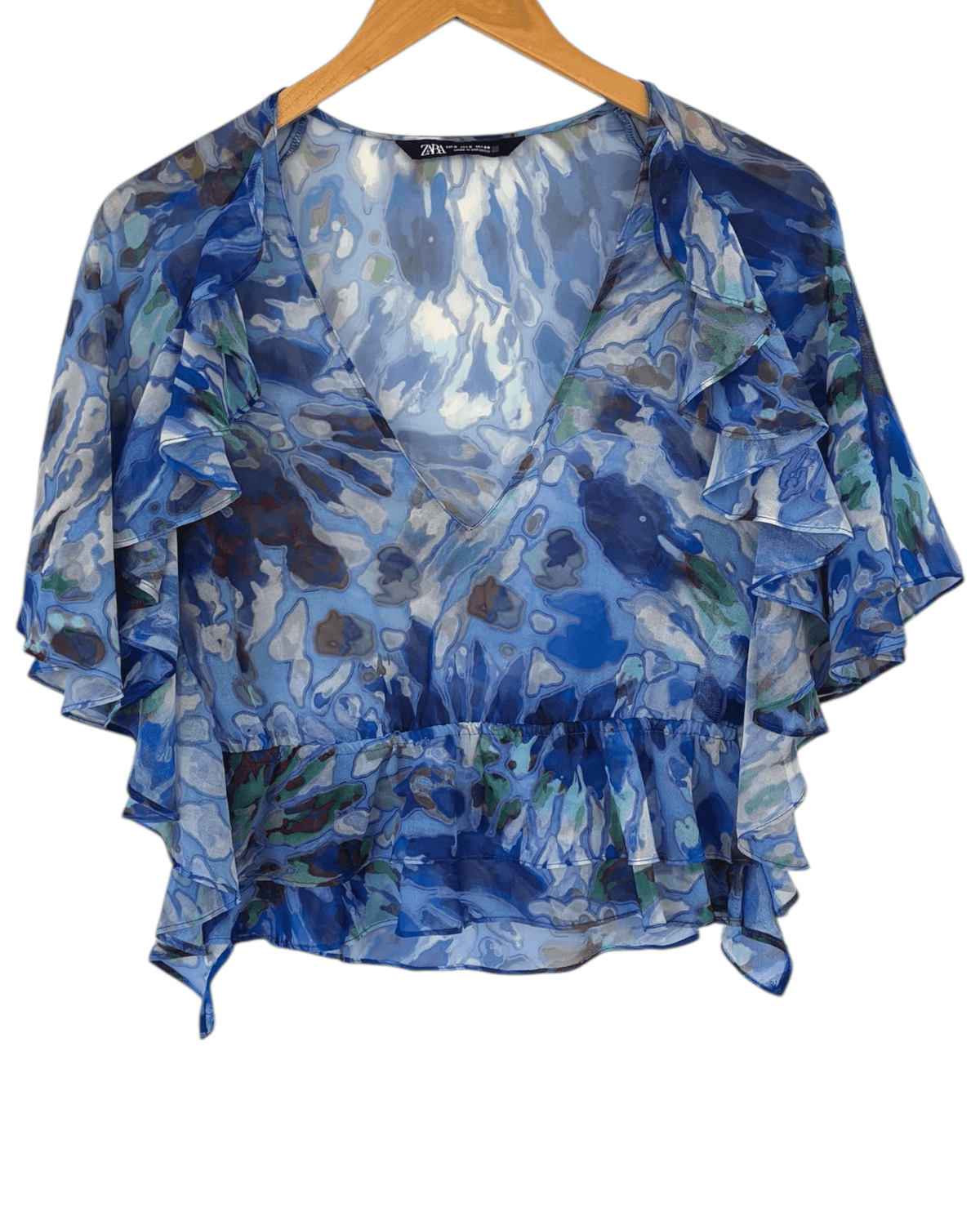 Dark Winter ZARA watercolor print deep-v ruffle blouse