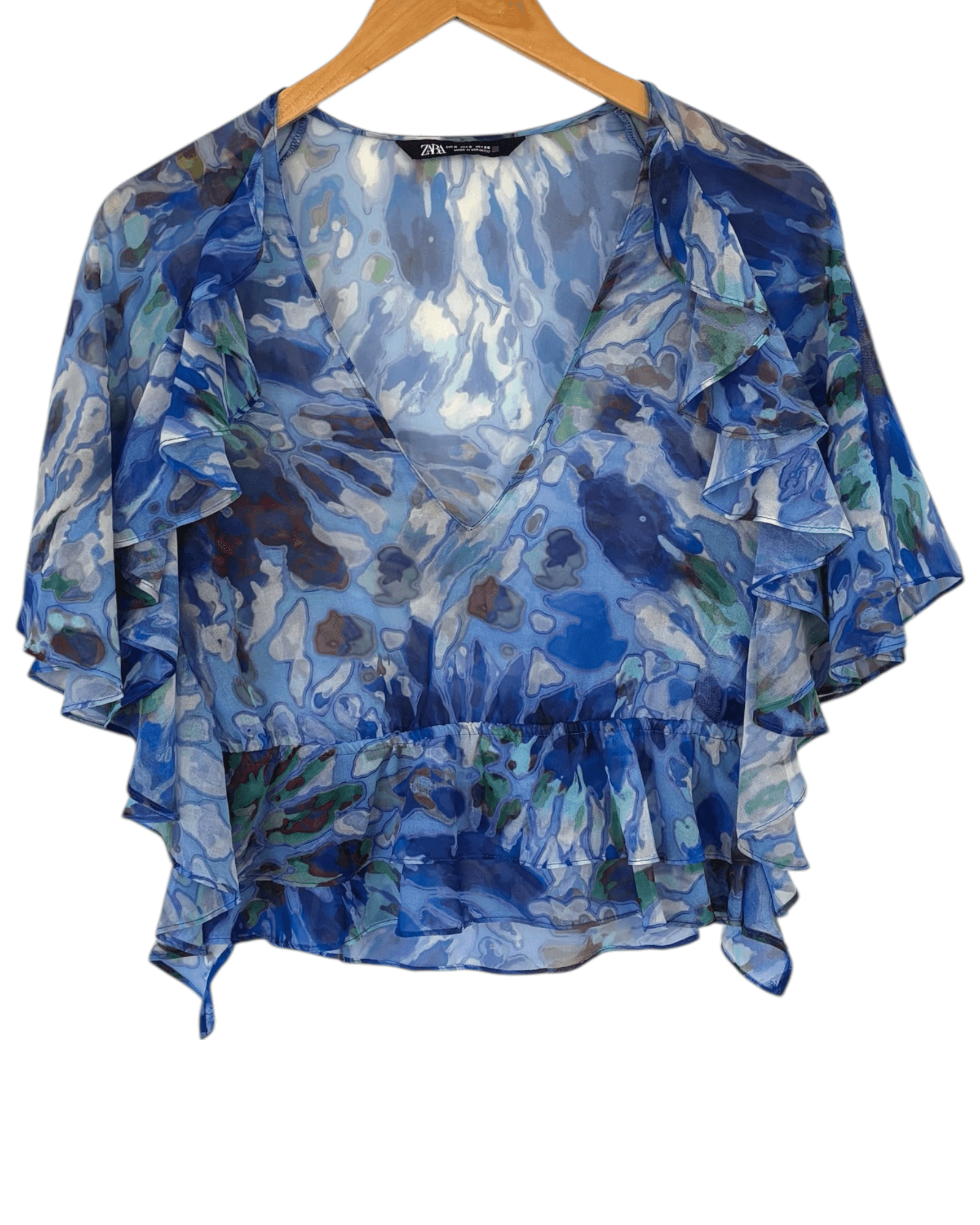 Dark Winter ZARA watercolor print deep-v ruffle blouse