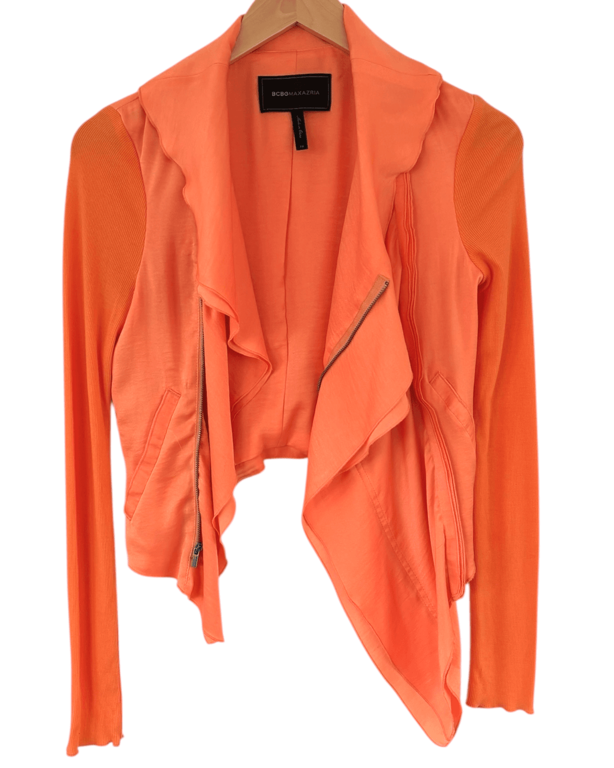 Light Spring BCBGMAXAZRIA papaya asymmetric ruffle front jacket