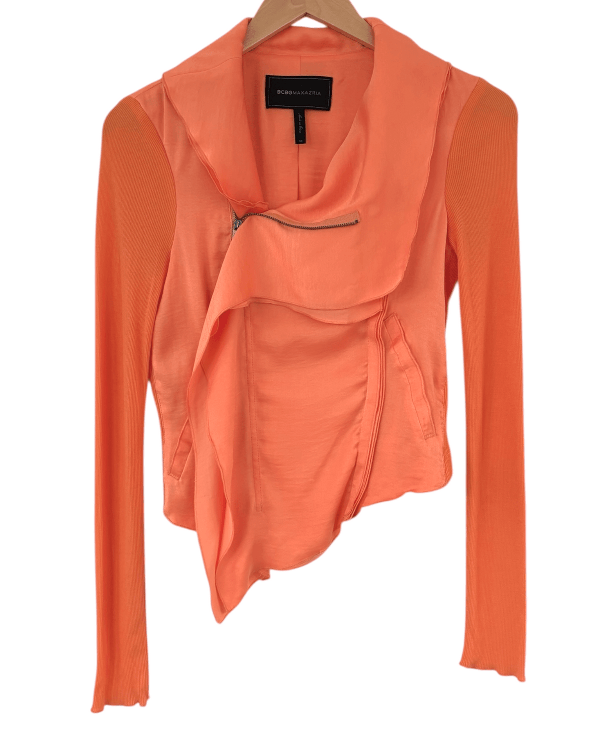 Light Spring BCBGMAXAZRIA papaya asymmetric ruffle front jacket