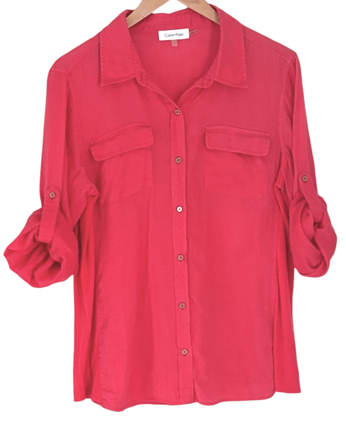 Light Spring CALVN KLEIN wildberry tab sleeve button-down linen shirt