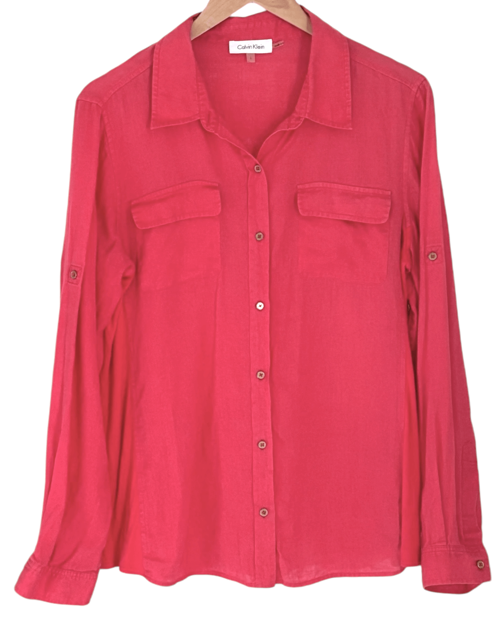 Light Spring CALVN KLEIN wildberry tab sleeve button-down linen shirt