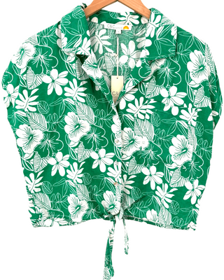 Light Spring Tropical Print Tie-Front Linen Camp Shirt