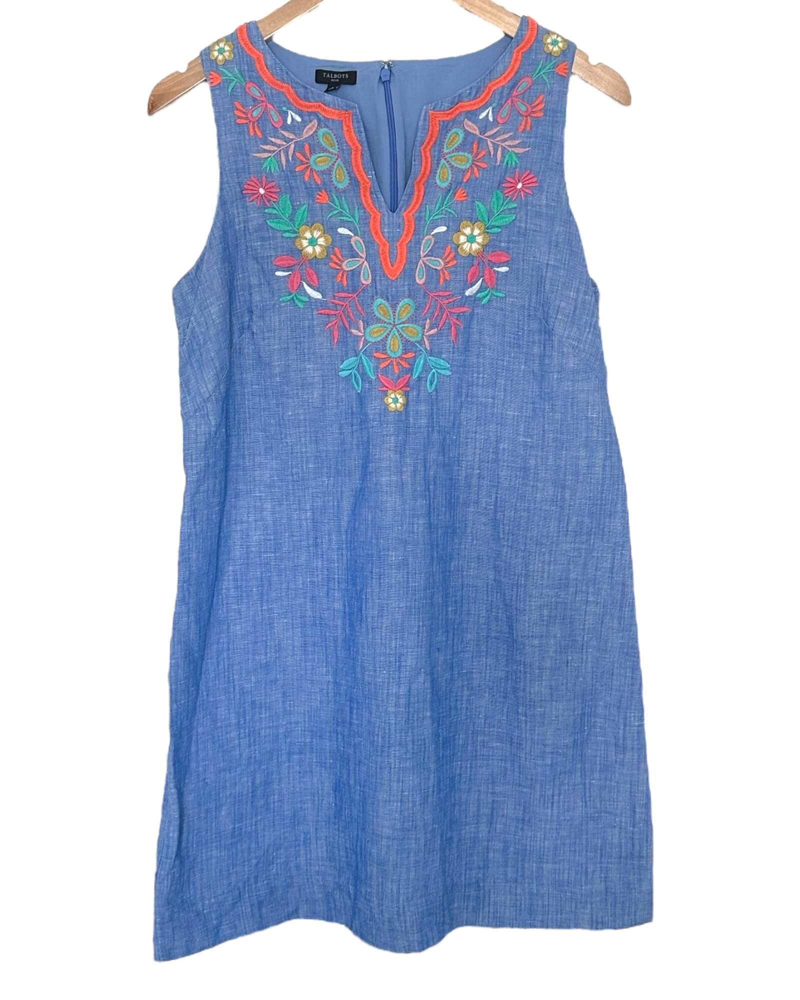 Light Spring TALBOTS chambray floral embroidered linen shift dress