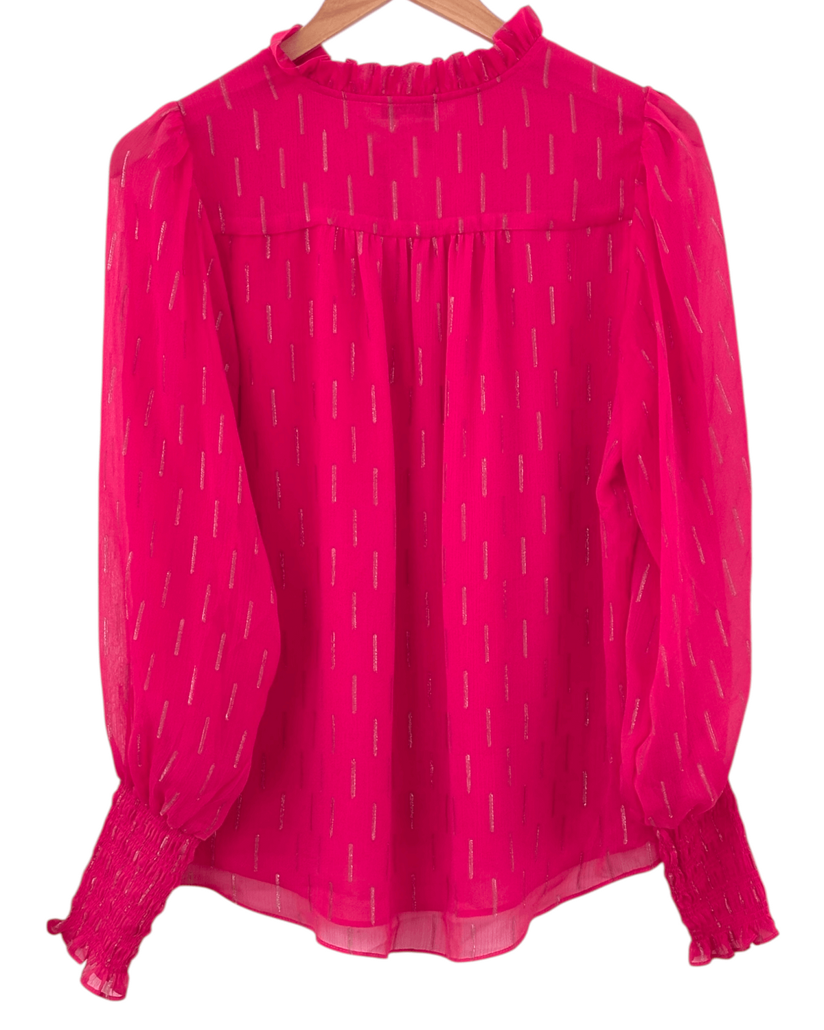 Light Summer MAISON D'AMELIE fuchsia glow semi-sheer puff sleeve split neck blouse
