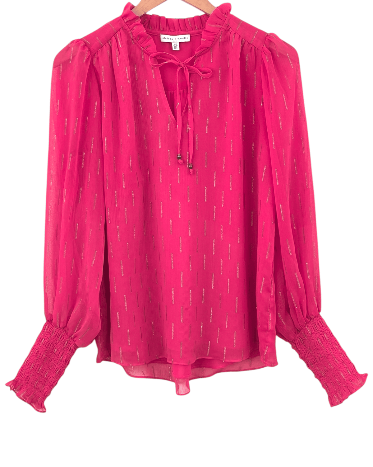 Light summer MAISON D'AMELIE fuchsia glow semi-sheer puff sleeve split neck blouse