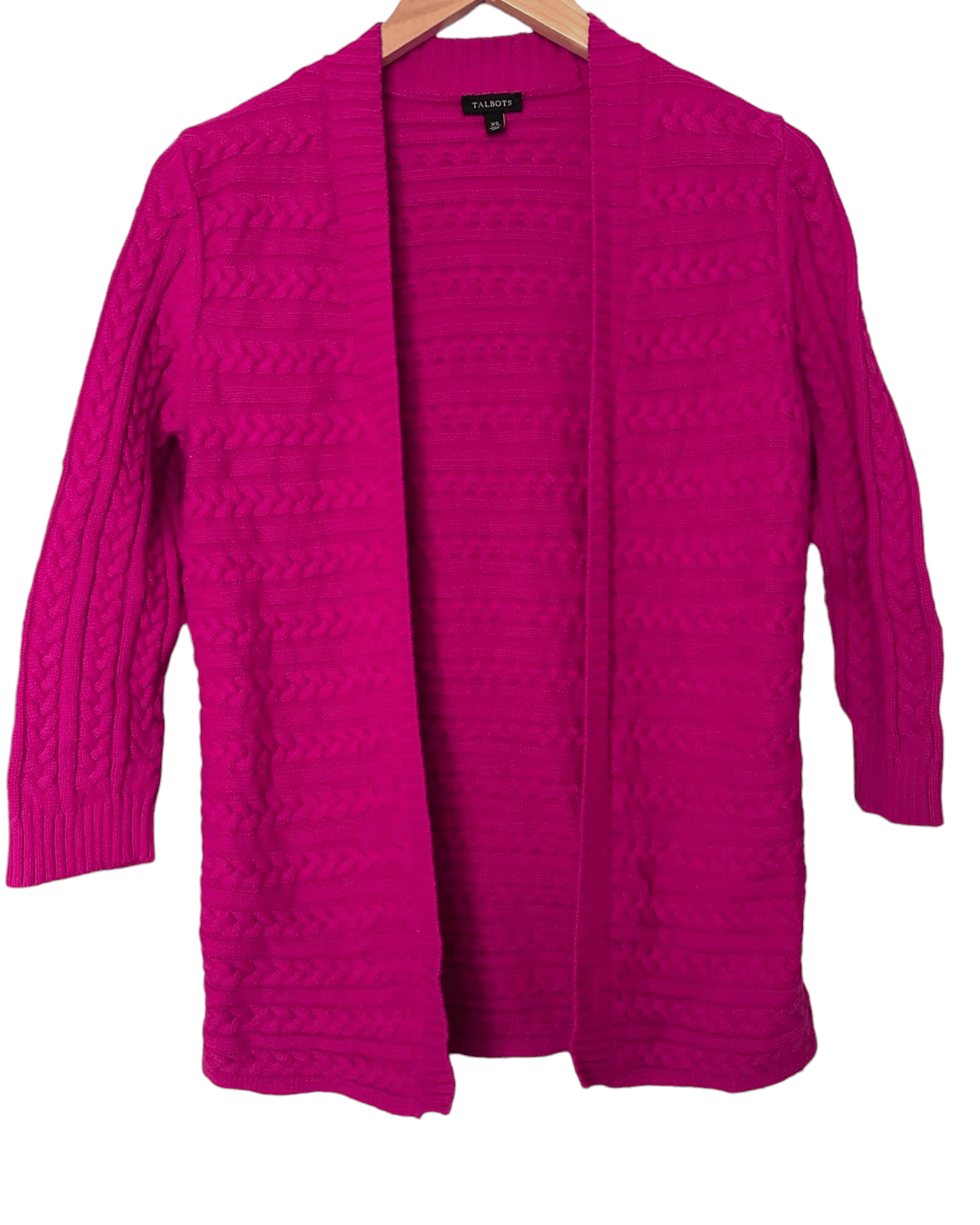Light Summer TALBOTS raspberry pink open cable knit cardigan sweater