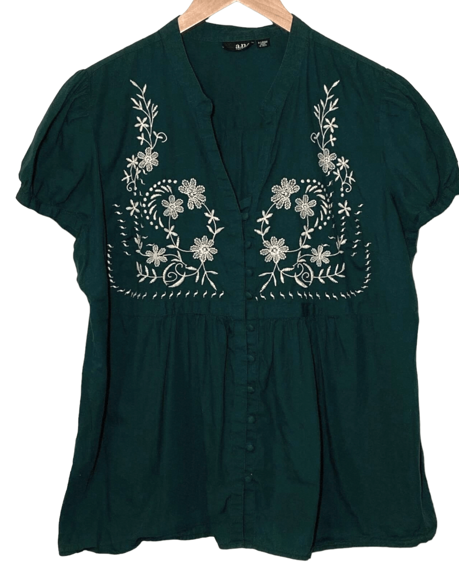 Soft Autumn ANA fir green floral embroidered shirt