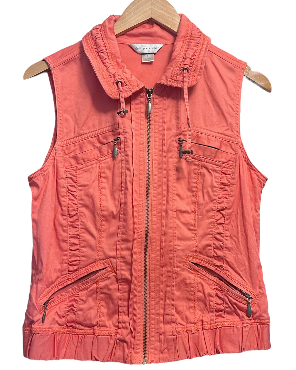 Soft Autumn CHRISTOPHER &amp; BANKS salmon orange drawstring twill sleeveless jacket