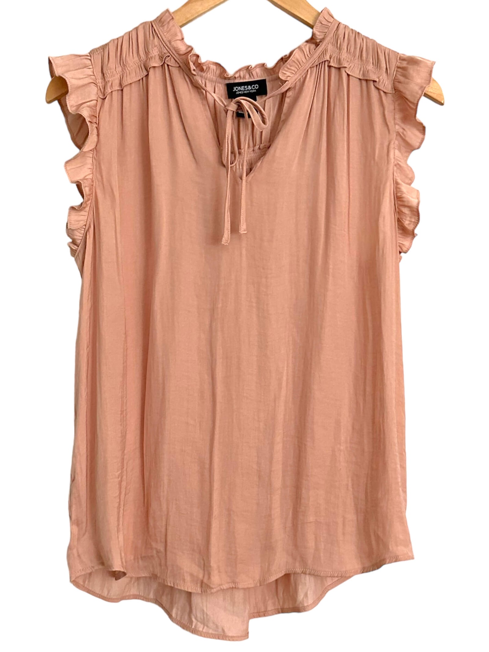 Soft Autumn JONES & CO canyon blush pink ruffle tie front blouse 