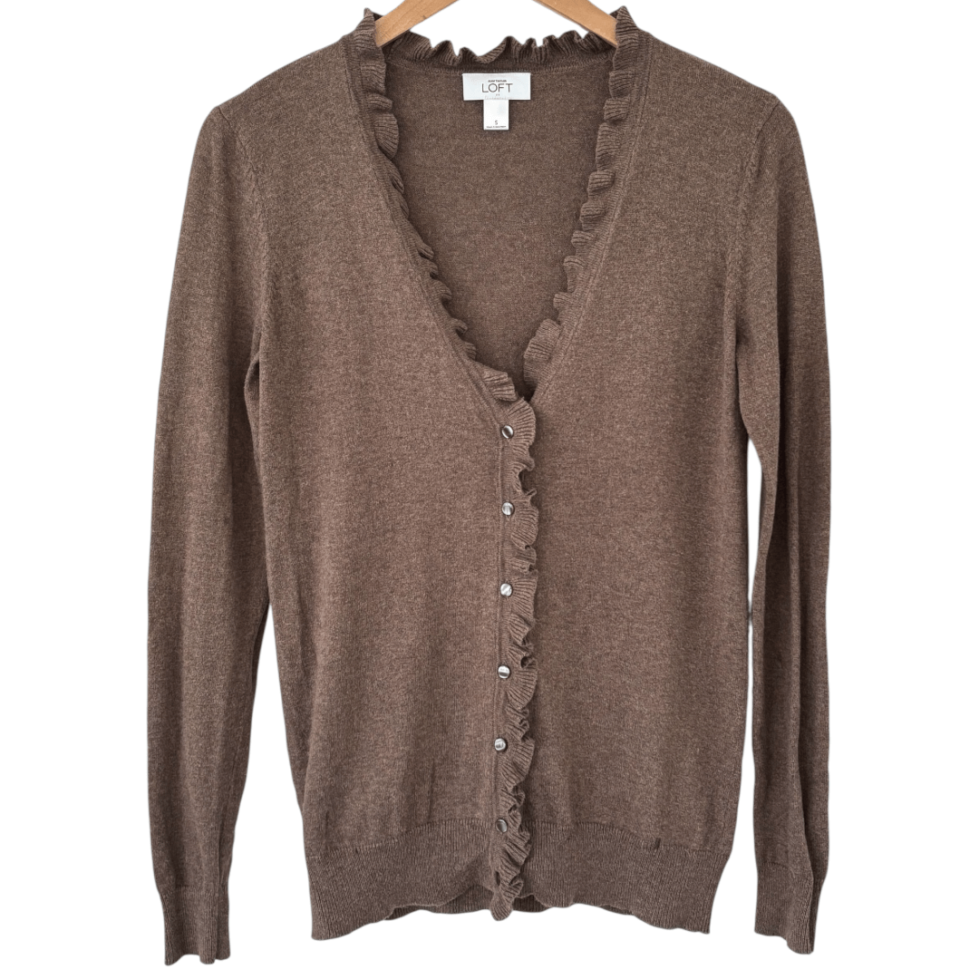 Soft Autumn LOFT nutmeg ruffle front cardigan sweater