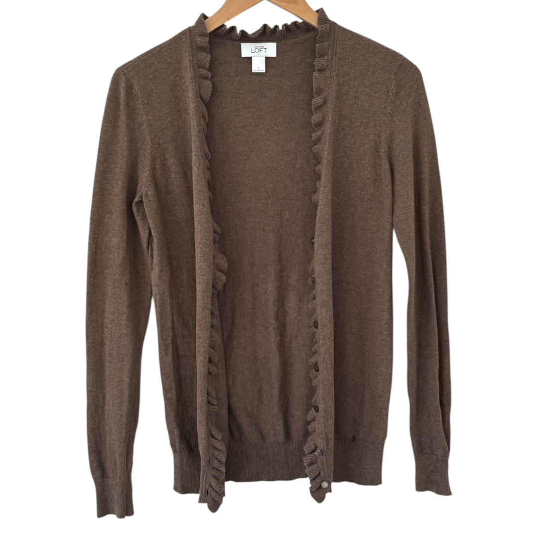 Soft Autumn LOFT nutmeg ruffle front cardigan sweater