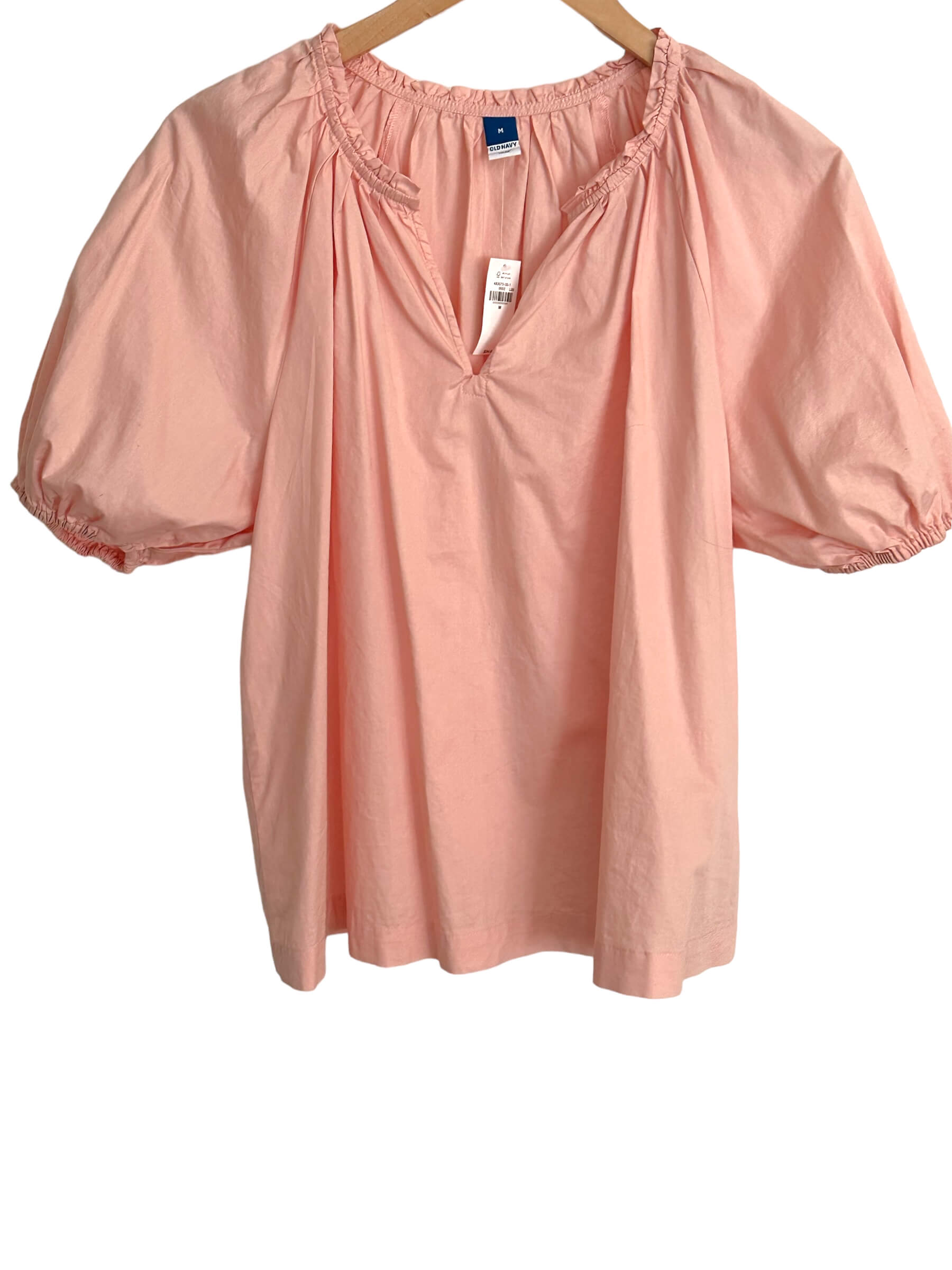 Soft Autumn OLD NAVY pink bamboo puff sleeve split-neck blouse