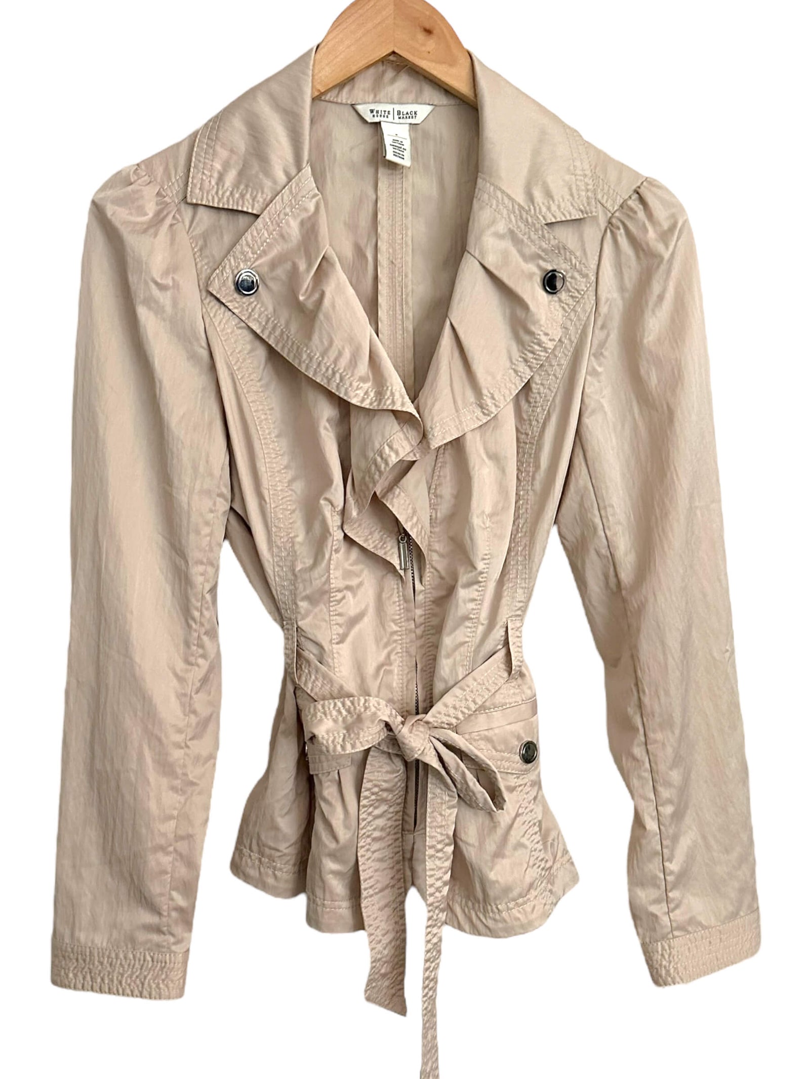 Soft Autumn WHITE HOUSE BLACK MARKET shimmery taupe ruffle jacket