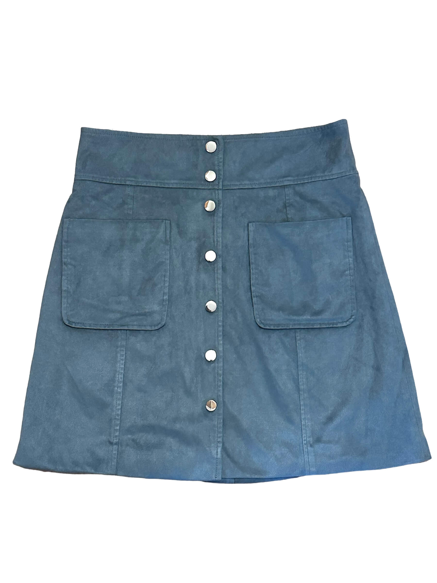 Soft Summer BAGATELLE blue spruce faux suede snap up mini skirt