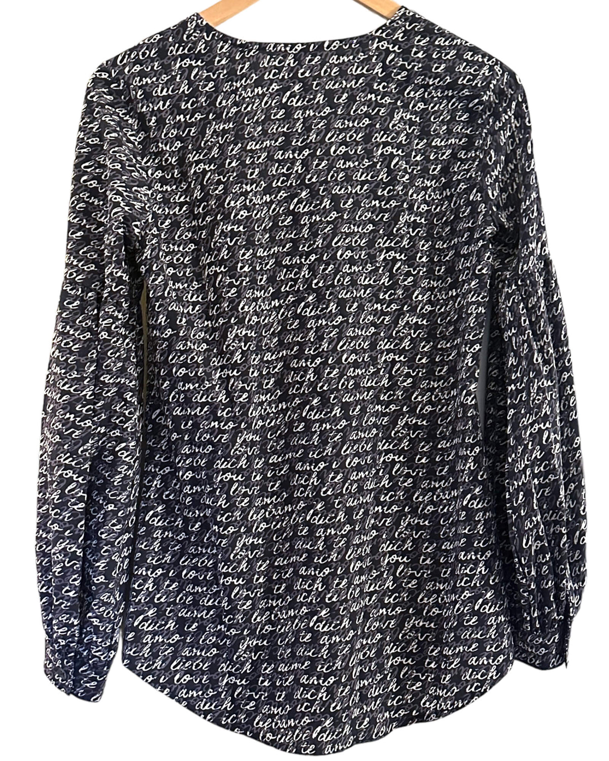 Soft Summer CABI love language print v-neck blouse
