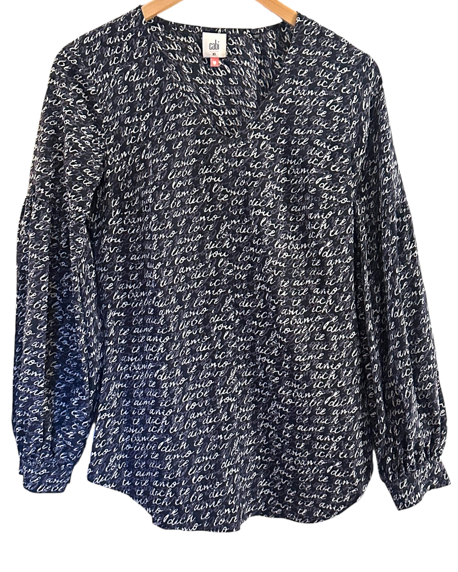 Soft Summer CABI love te amo print v-neck blouse