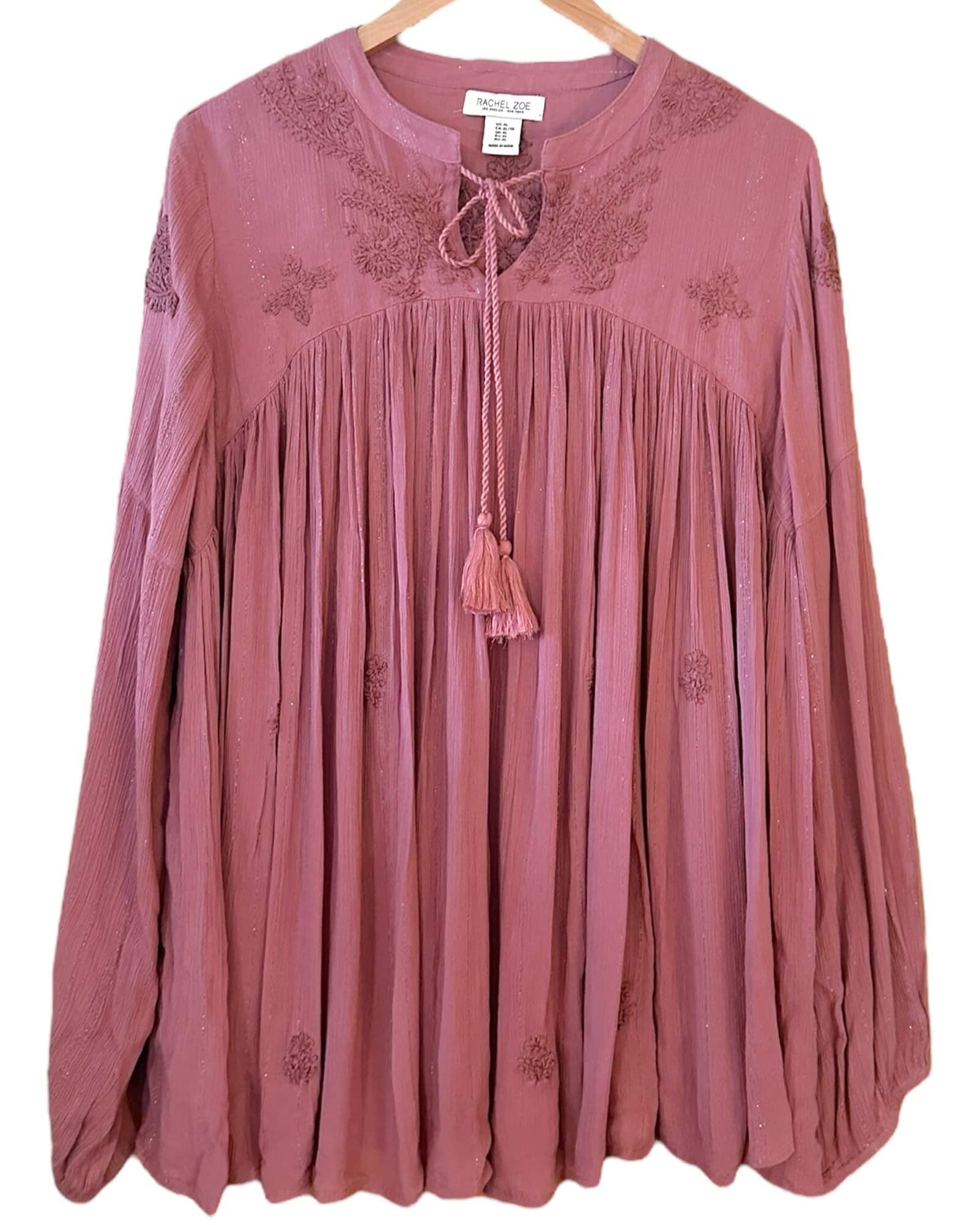 Soft Summer RACHEL ZOE dusty rose embroidered tassel top 