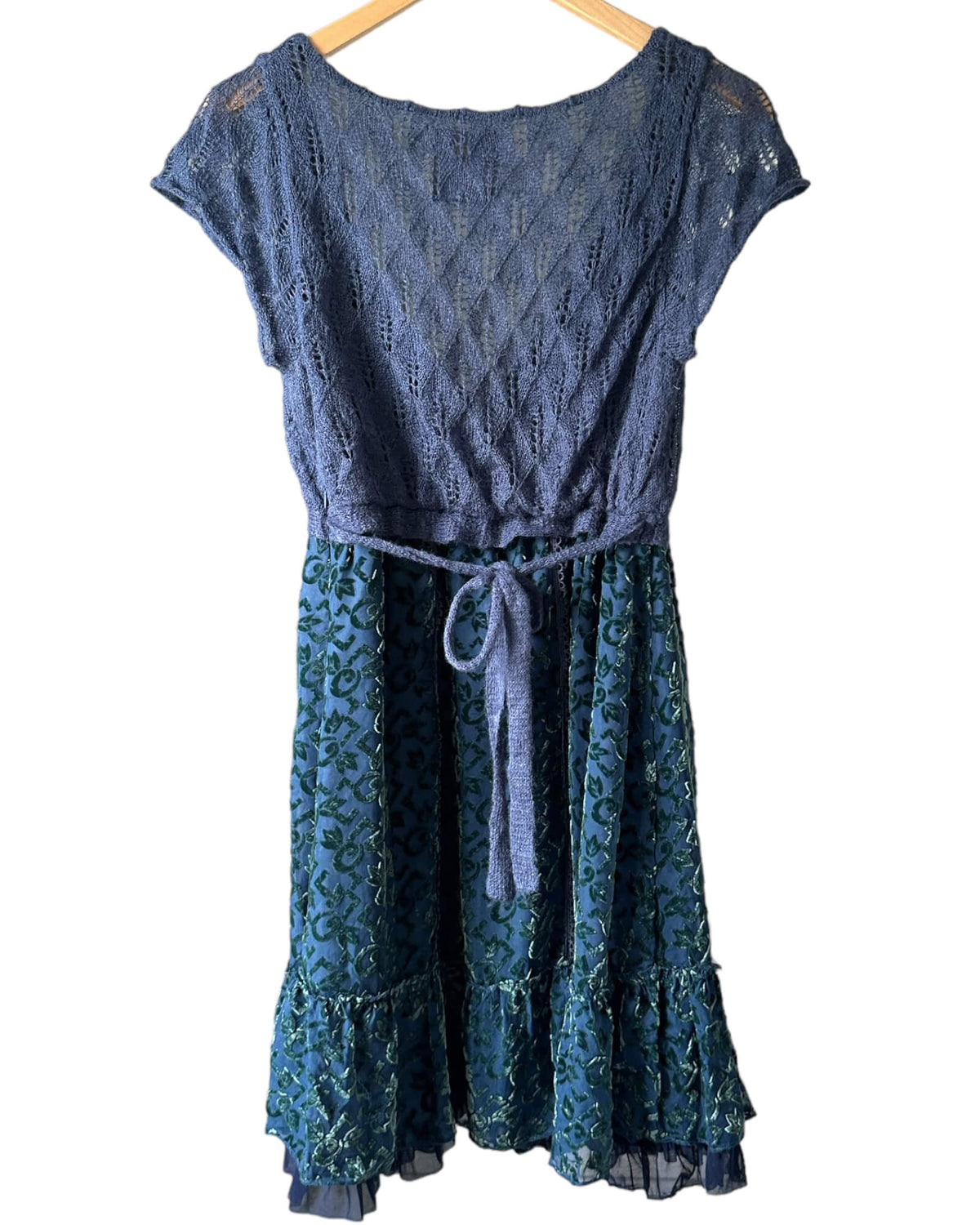 Soft Summer FREE PEOPLE velvet knit blue and green ruffle dress