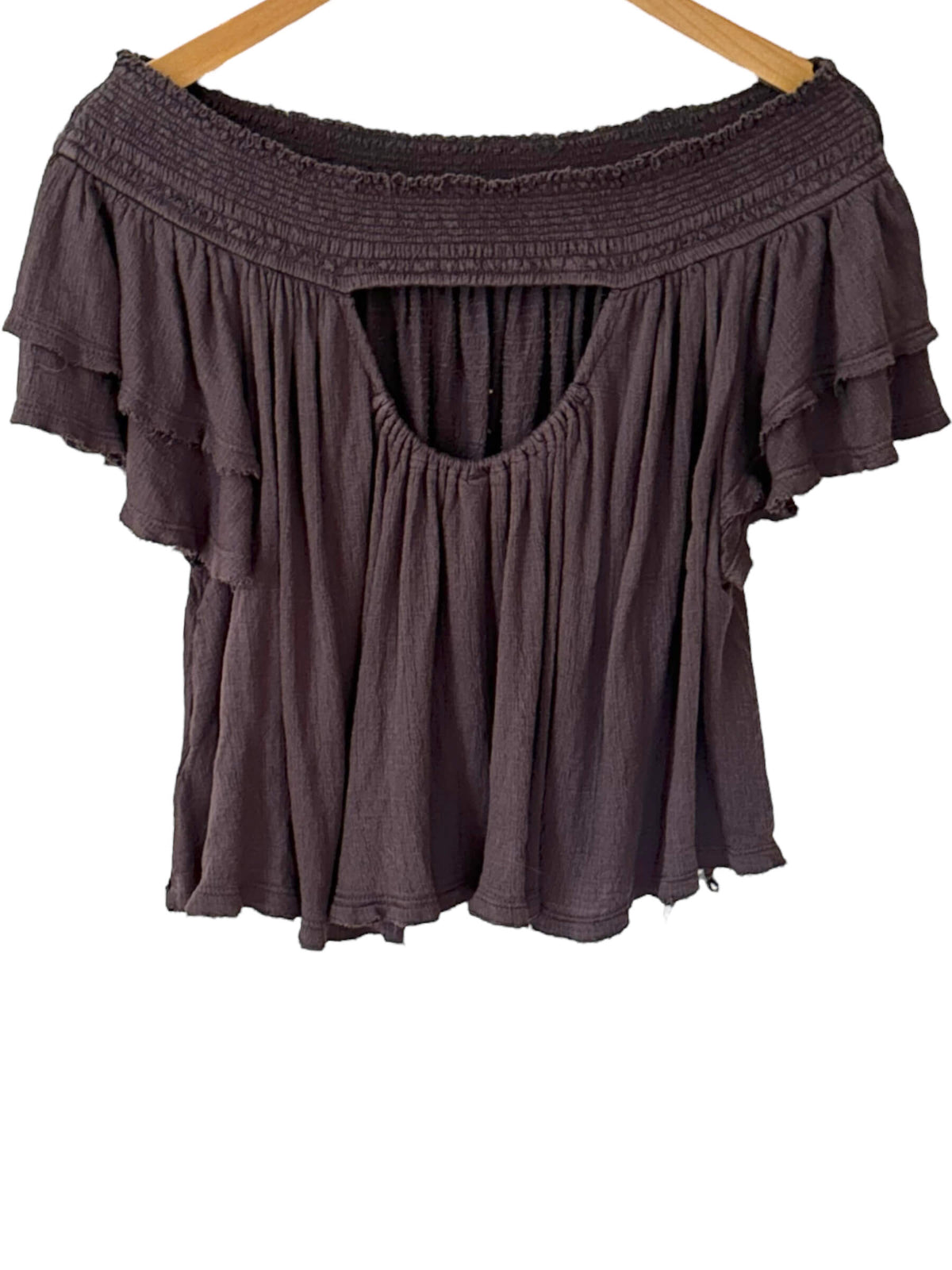 Soft Summer FREE PEOPLE charcoal gray boho ruffle top